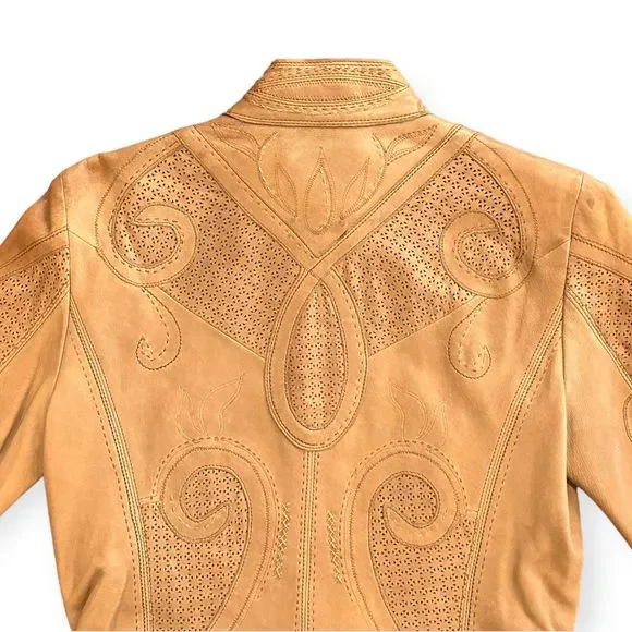 ELIE TAHARI X BERGDORF GOODMAN Cognac Ornate Leather Jacket, Size Small